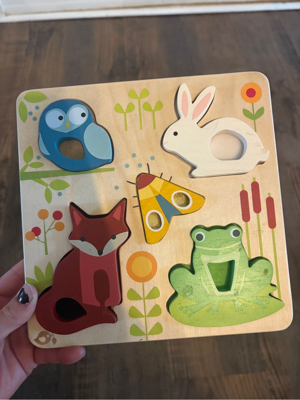 Wooden Forest Animal Puzzle - Blue Owl, White Rabbit, Red Fox, Green Frog